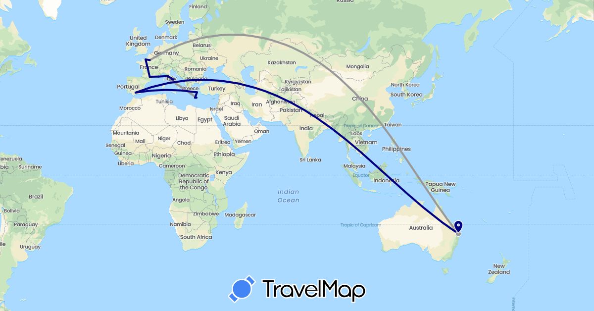 TravelMap itinerary: driving, plane in Australia, Spain, France, Greece, Italy (Europe, Oceania)